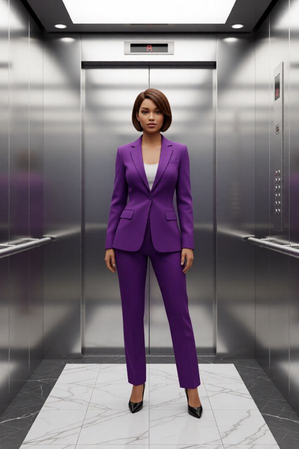 Female avatar in purple tailored suit standing in modern elevator, bold professional style, realistic 3D render