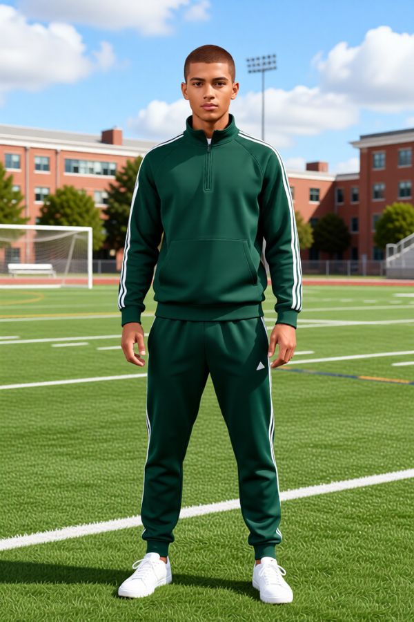 Male avatar in green athletic tracksuit standing on outdoor soccer field, casual sporty look, realistic 3D render