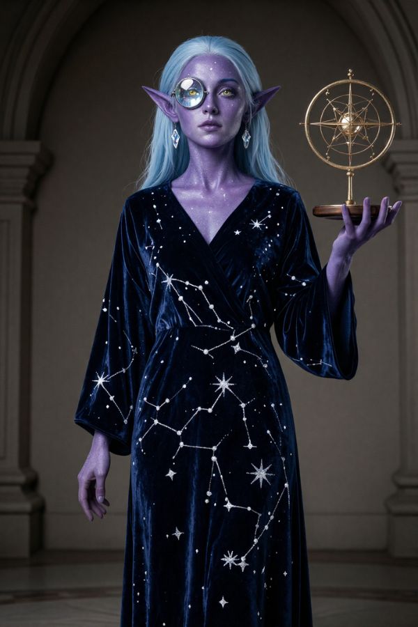 A purple-skinned elf mage with silver hair wearing a dark blue velvet dress patterned with glowing stars, holding a golden astrolabe in a dimly lit stone hall.