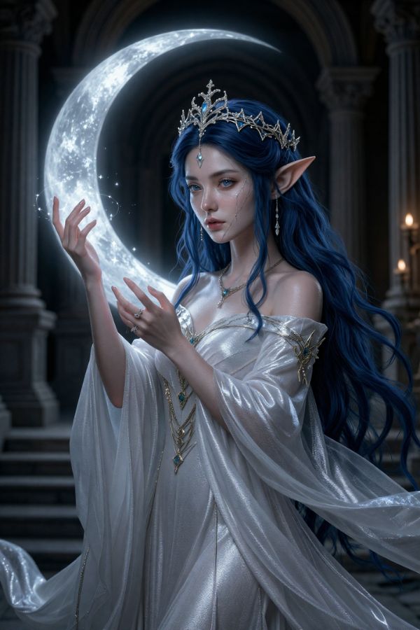 A fantasy elf woman with long blue hair and pointed ears, wearing a white gown and silver crown, gently holding a glowing crescent moon in her hands against a dark stone archway background.