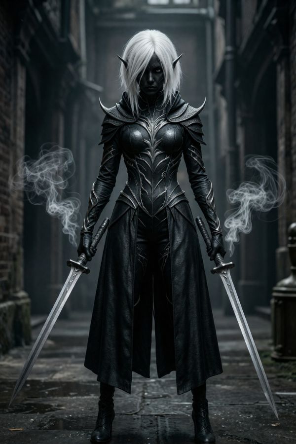 A menacing pale-skinned elf warrior with white hair, clad in spiked black leather armor, standing in a gothic corridor while wielding two smoking longswords.