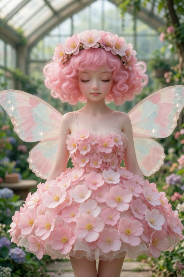 A cute young elf girl with curly pink hair and translucent butterfly wings, wearing a dress made entirely of pink flowers, standing inside a bright sunlit greenhouse.