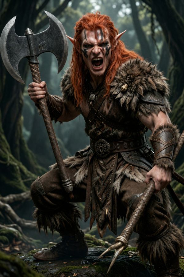 A fierce red-haired elf barbarian with face paint and fur armor, crouching in a dark forest and roaring while gripping a large double-bladed axe.