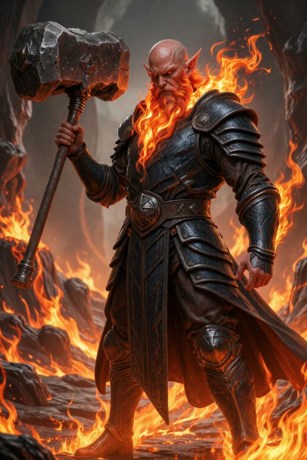 A powerful bald elf warlord with glowing orange eyes, wearing heavy black plate armor, surrounded by intense fire and holding a massive molten hammer.