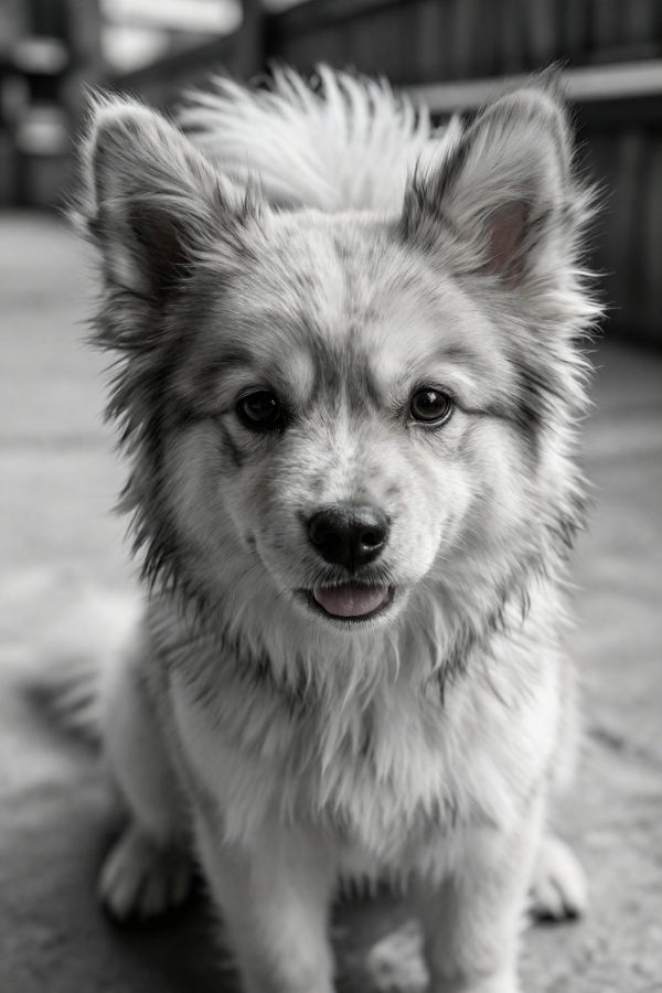 A close-up black and white photo of a fluffy puppy with perked ears, looking directly at the camera with a gentle expression.