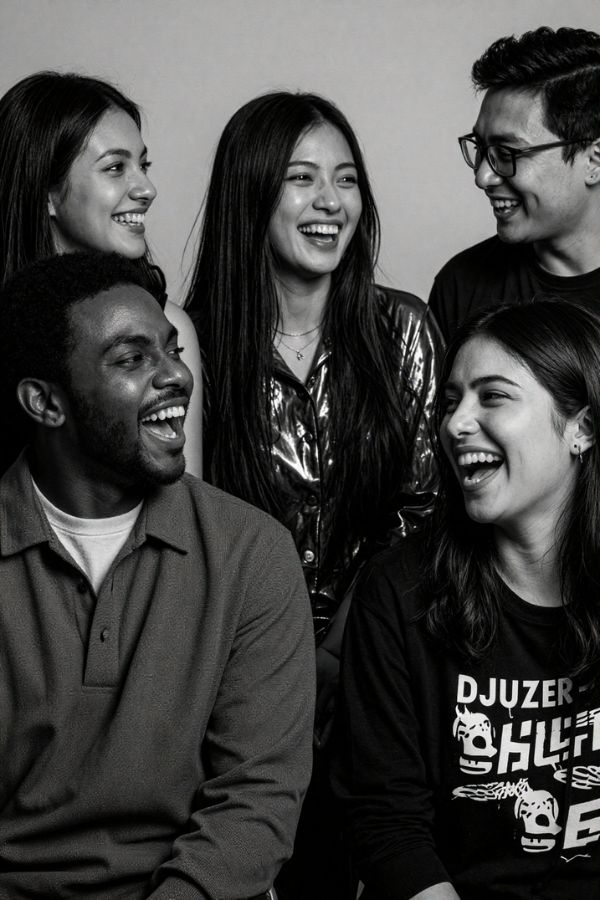 Black and white photograph of five diverse young adults laughing joyfully together; one woman wears a graphic tee, another has long dark hair, and they appear to be enjoying a candid moment.