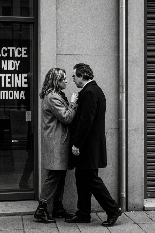 Black and white street photograph of a man and woman standing close together on a sidewalk; she gently touches his chest while he looks down at her, framed by a building entrance with partial text visible in the window behind them.