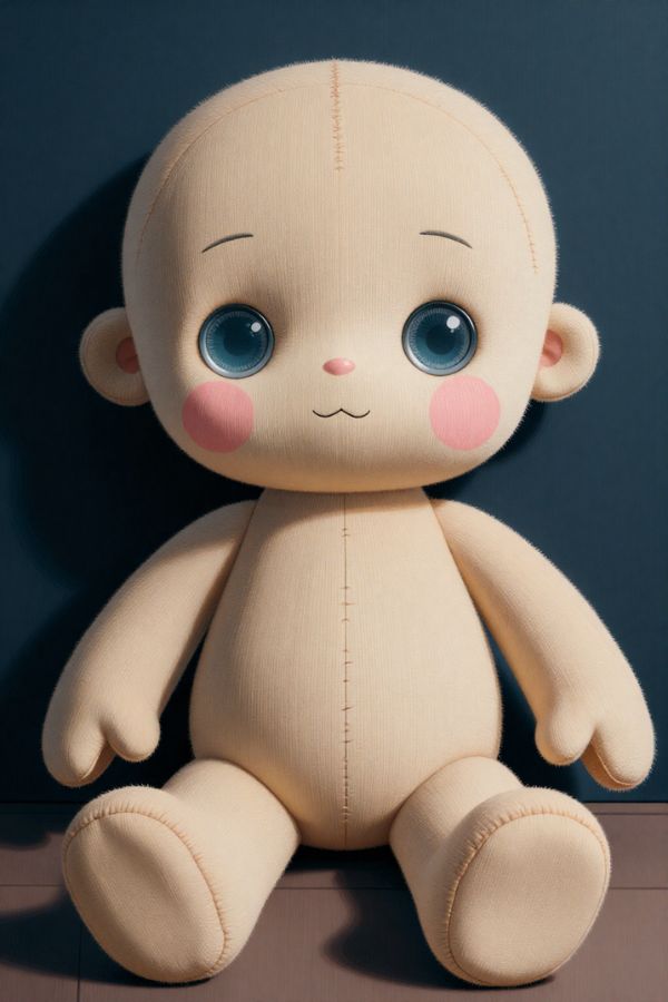 A stitched plush doll-inspired cartoon character, button eyes, visible patch seams, rounded rubber hose limbs, soft faded color tones, 1930s vintage cartoon aesthetic, slightly uncanny but adorable expression.