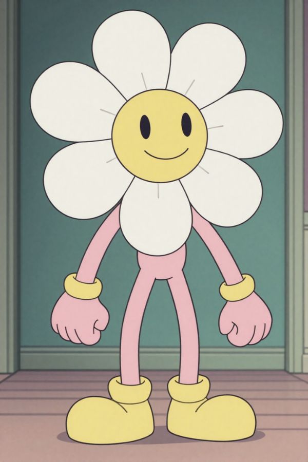 A whimsical cartoon character with a daisy flower head, rubber hose limbs, soft pastel pink and yellow tones, simple smiling face, vintage animation style, clean vector-like shading, centered composition.