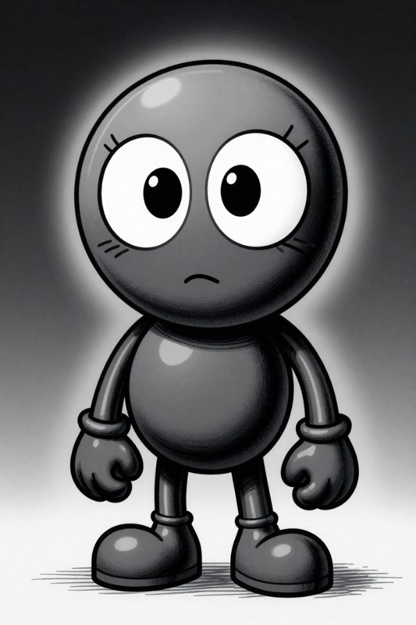 A cute but slightly unsettling cartoon mascot in 1930s rubber hose style, dark monochrome palette with subtle gray shading, wide pie-cut eyes, soft shadow aura, rounded limbs, vintage inked outline aesthetic.