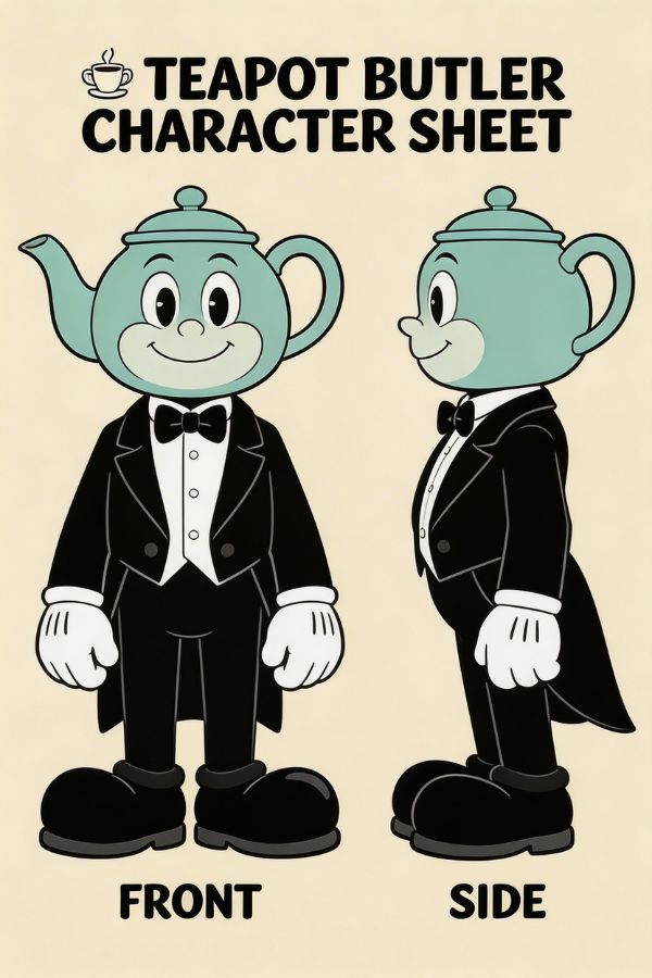 A refined teapot-headed cartoon butler in rubber hose animation style, small bowtie accessory, white gloves, oversized shoes, muted beige and pastel teal tones, thick black outlines, character sheet presentation format.