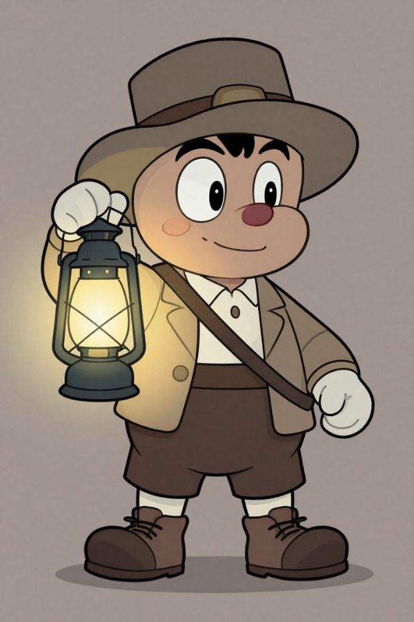 A small explorer cartoon character holding a glowing lantern, 1930s rubber hose animation style, rounded limbs, simple retro clothing, muted earth-tone palette, thick ink outlines, slightly mysterious but friendly expression.