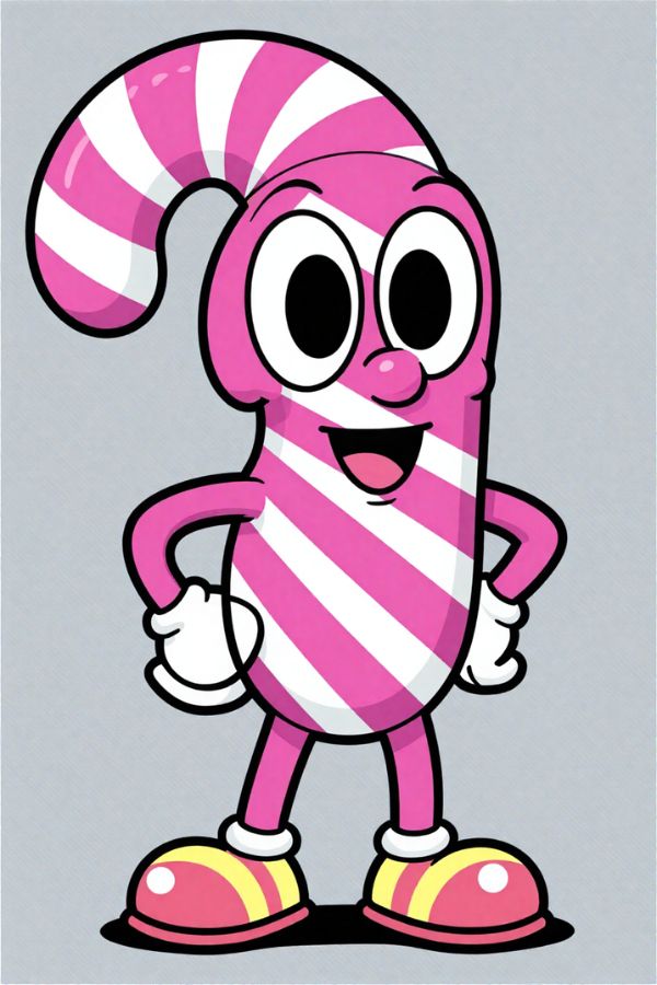 A candy-themed vintage cartoon mascot with a striped candy cane body, bendy limbs, big oval eyes, limited pastel color palette, simple shading, classic rubber hose cartoon style, isolated on white background.