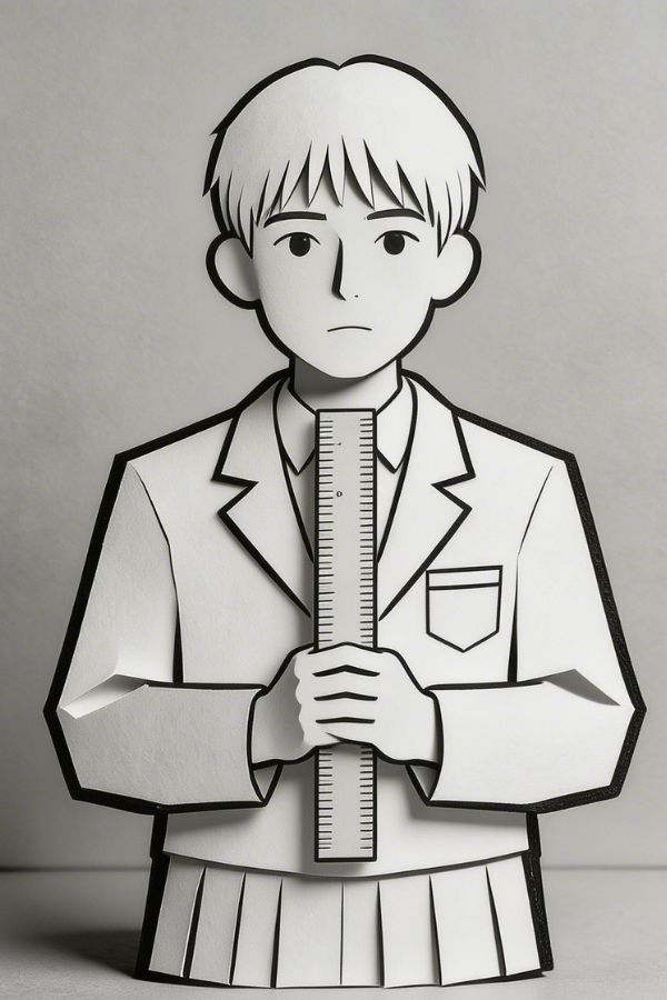 A top-ranking student with perfectly aligned hair, rigid posture, holding a ruler like a symbol of control, symmetrical uniform.