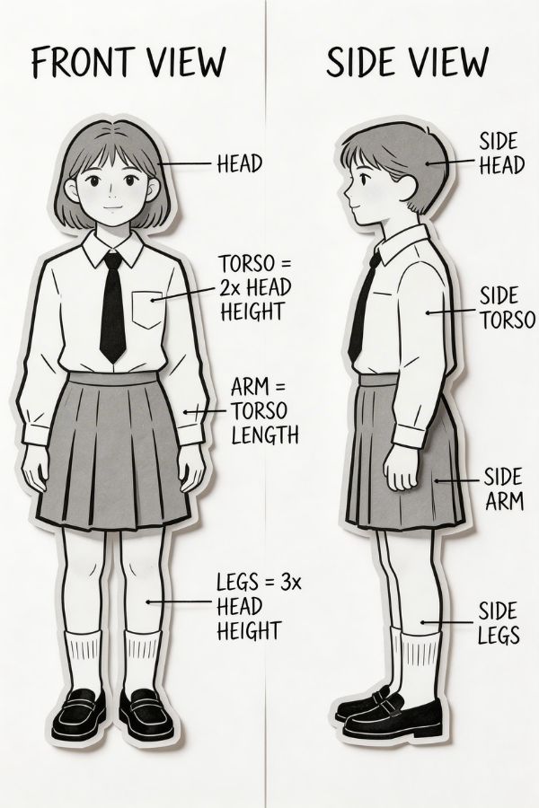 A full-body character, front and side views, labeled proportions, posture variations.