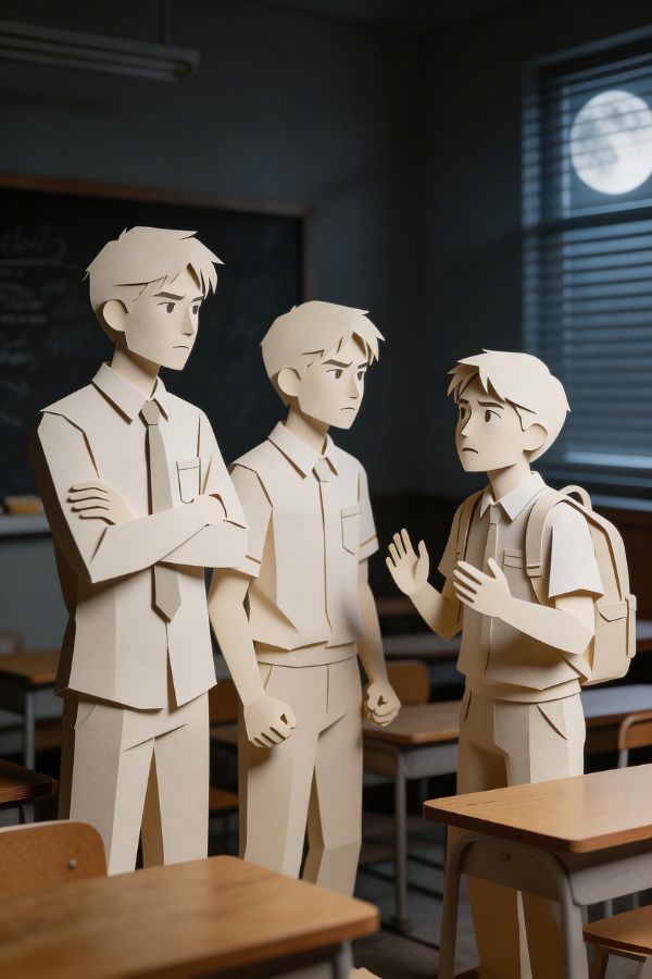 Three school characters standing together in a dim classroom, varied heights and silhouettes, subtle tension between them