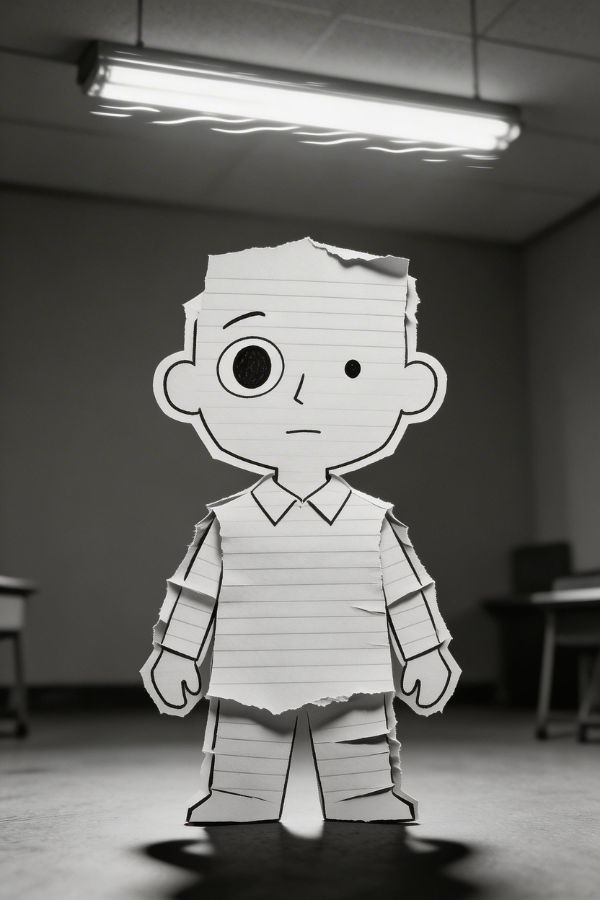 A corrupted student character with distorted layers, uneven eye sizes, ripped clothing, standing under flickering classroom light.