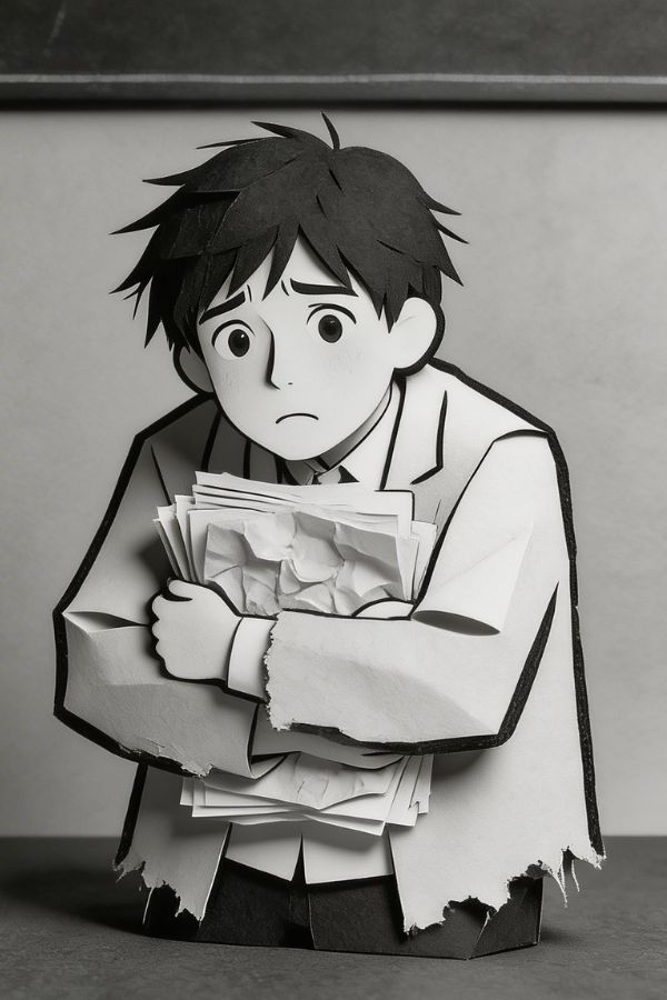 A timid transfer student with messy short hair and oversized school uniform, holding a stack of crumpled papers to their chest.