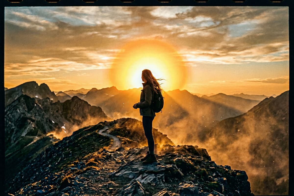 a woman stands on a mountain ridge