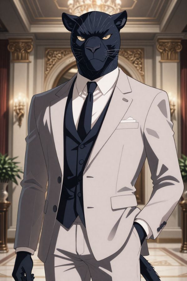 black panther gentleman, elegant suit, luxury mansion interior, calm confident expression, anime illustration style, dramatic soft lighting