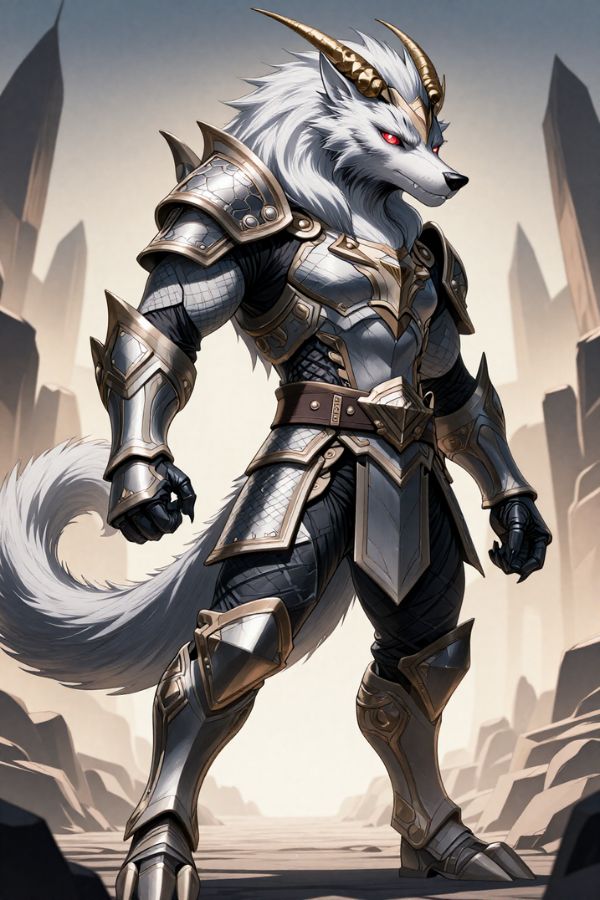 dragon-wolf hybrid warrior, glowing red eyes, armored gauntlets, fantasy battlefield background, epic atmosphere, detailed scales and fur combination