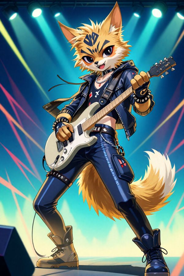 hyena punk singer, stage performance, electric guitar, colorful stage lights, energetic pose, anime rock style, vibrant colors, detailed fur and clothing, dynamic composition, full body