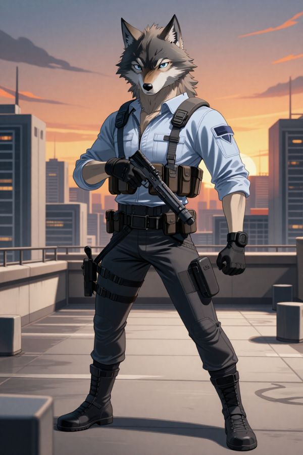 gray wolf special agent, tactical gear, modern city rooftop background, serious expression
