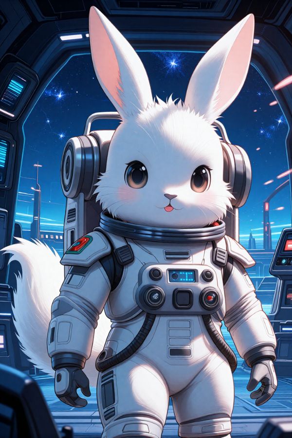 white rabbit space pilot, futuristic flight suit, spaceship cockpit interior, stars visible outside, sci-fi anime style, vibrant lighting