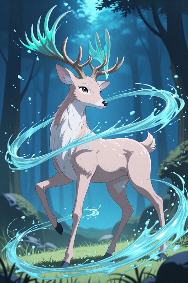 deer spirit with glowing aqua antlers, flowing water magic, ethereal forest background, fantasy anime style, soft blue lighting, magical particles, elegant pose, full body, high detail