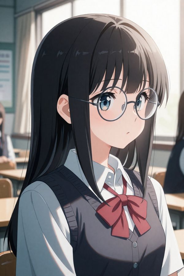 A student girl with neat black hair, school uniform, round glasses, soft classroom background, warm sunlight