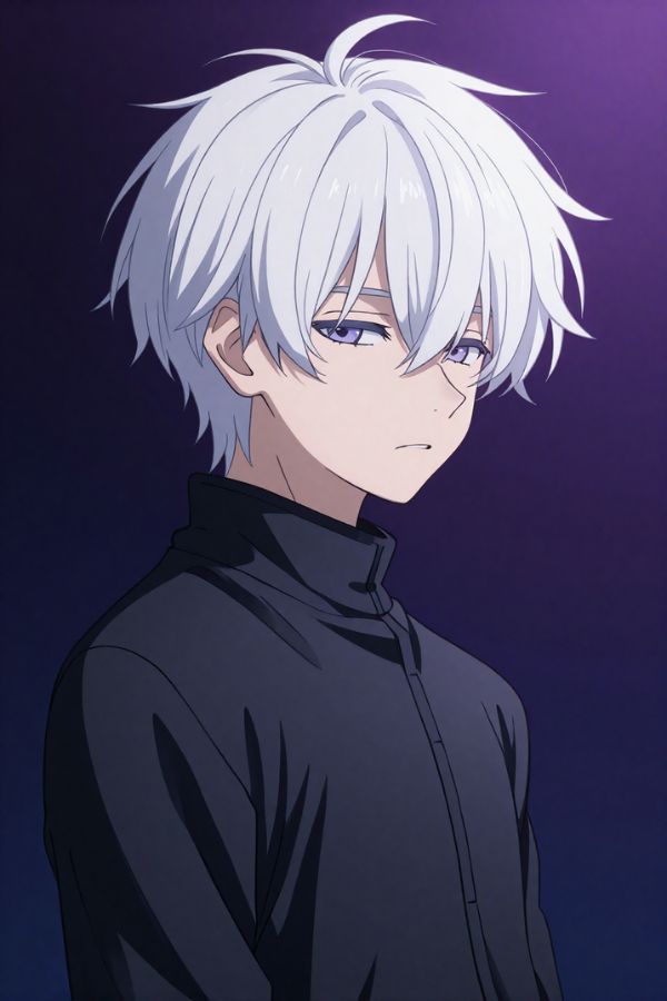 A boy with white hair covering one eye, calm expression, dark purple gradient background