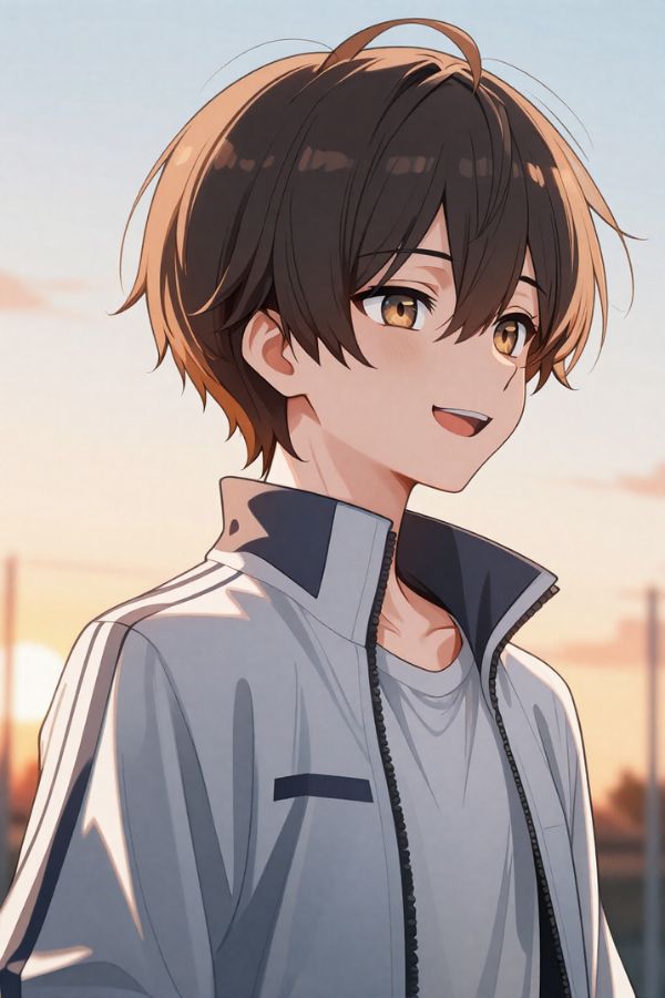 An energetic boy with short brown hair, bright smile, sporty jacket, warm sunset background