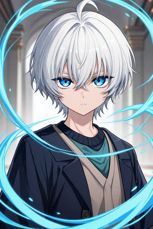 A fantasy mage boy with white hair, glowing blue eyes, magical energy swirling around him