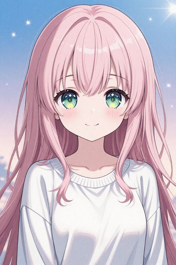 A girl with pastel pink hair, fluffy bangs, big sparkling eyes, soft blush, white sweater, gentle smile, dreamy pastel background, floating light particles