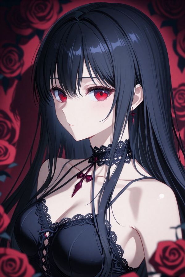 A gothic girl with long black hair, red eyes, lace choker,