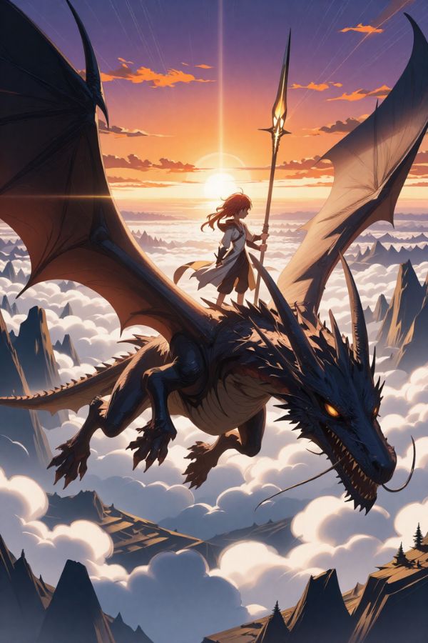 epic fantasy anime scene, dragon flying over mountains, young rider holding glowing spear, clouds swirling dramatically, sunset sky with orange and purple tones