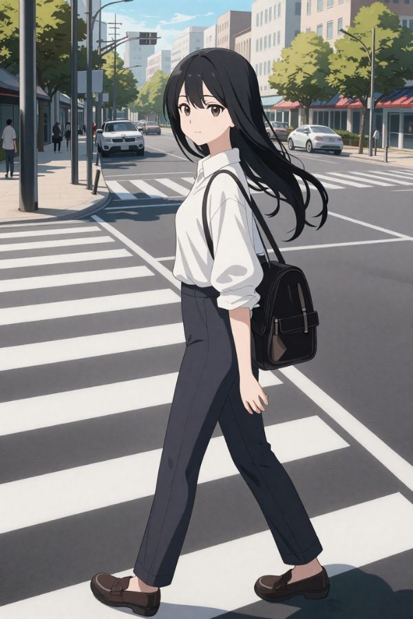 anime-style reinterpretation of real city street, young woman crossing crosswalk, soft cel shading, clean anime line art