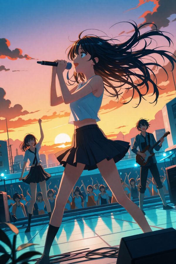 anime band performing on school rooftop, energetic girl singing into microphone, hair flowing dramatically, sunset sky background, vibrant lighting, crowd cheering below