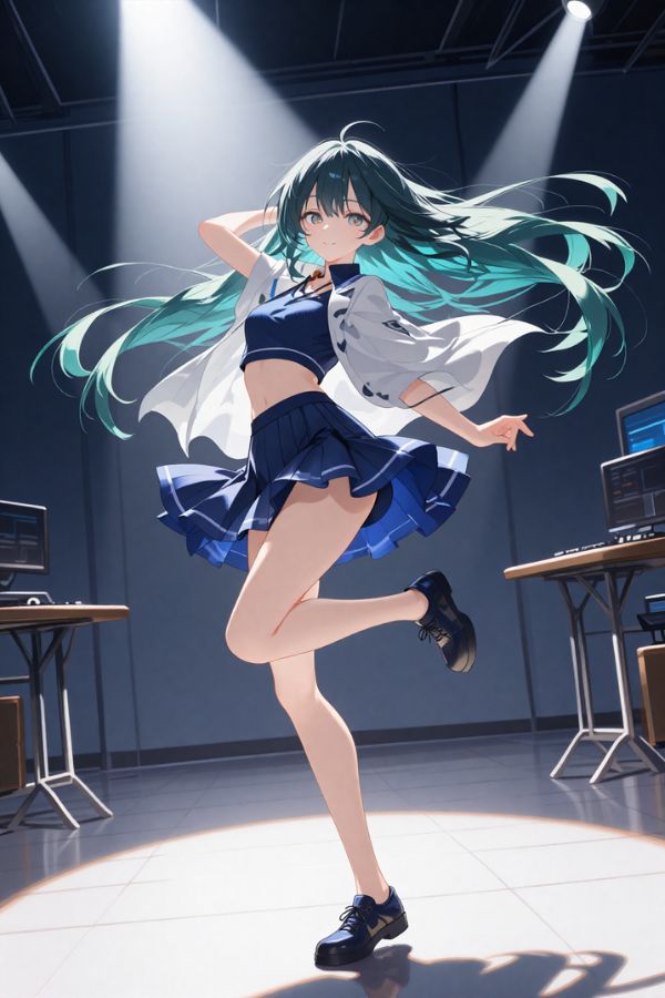 A girl dancing in modern studio, dynamic movement pose, flowing long hair, dramatic spotlight, motion blur trails, cel-shaded style, expressive face