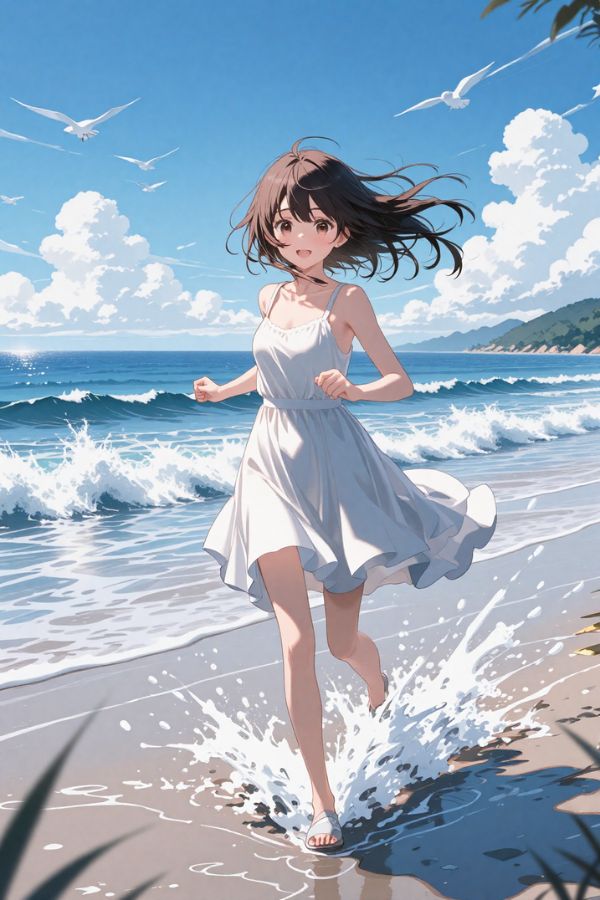 seaside travel scene, girl running along beach, waves splashing, bright blue sky, joyful expression, wind blowing dress