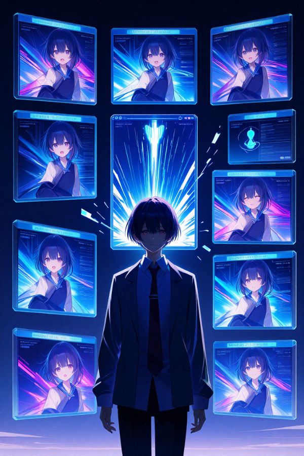 futuristic AI interface generating anime scenes, holographic screens showing different anime frames, glowing text particles transforming into characters, blue and purple neon lighting