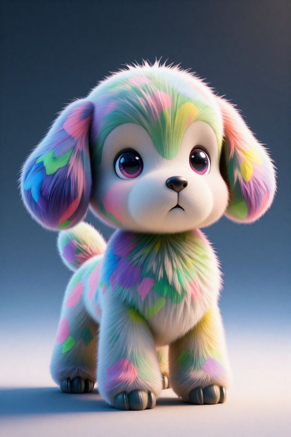 playful animal shaped like a balloon dog but with soft fur and big expressive eyes, colorful glossy surface mixed with fluffy textures, whimsical fantasy creature, vibrant colors, soft lighting, centered composition