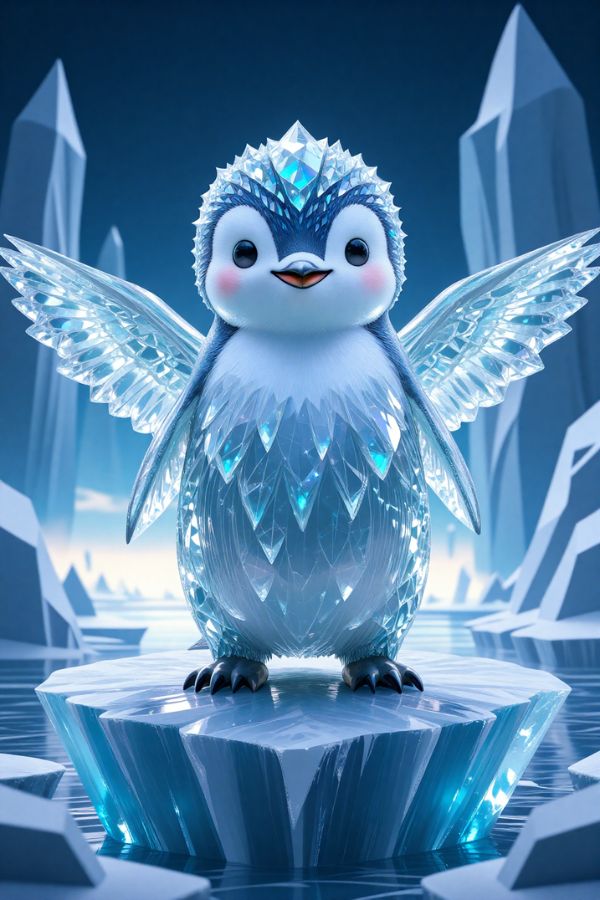 cute penguin made of translucent ice, sparkling crystalline body reflecting light, standing on a frozen iceberg, magical arctic creature