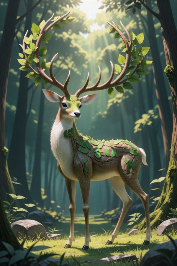graceful deer with antlers made of leaves and branches, body patterned like tree bark, standing in a magical forest clearing, nature spirit animal