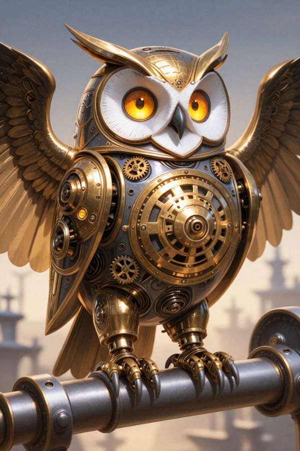 steampunk mechanical owl with brass gears and clockwork wings, glowing amber eyes, perched on a metal pipe, intricate mechanical details, fantasy technology animal design