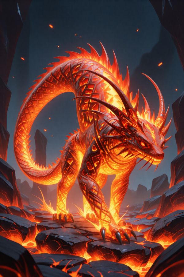 legendary fire salamander walking across glowing lava rocks, body made of molten patterns and flickering flames, sparks flying in the air, mythical fantasy creature