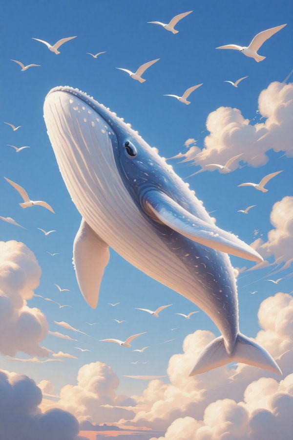 giant cloud whale floating across the sky, body made of fluffy clouds with soft glowing edges, birds flying around it, dreamy fantasy creature