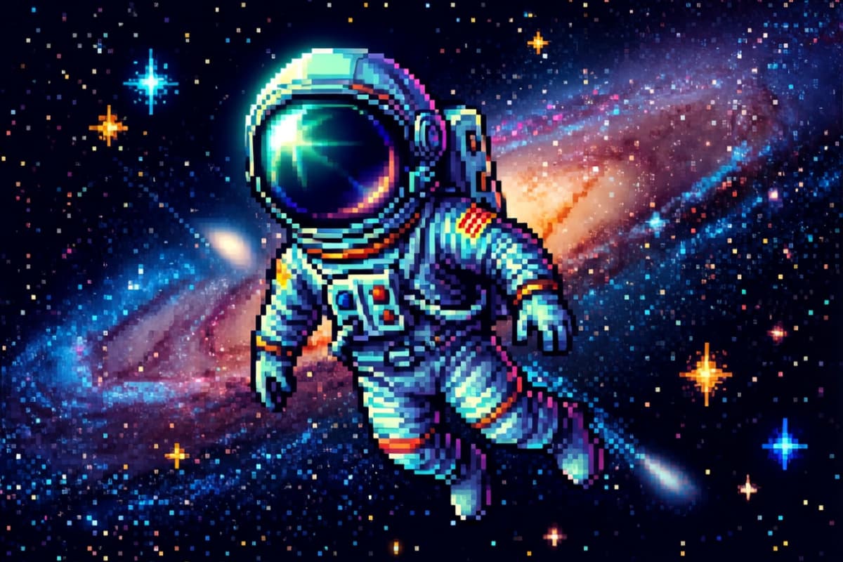Pixel art astronaut floating in space
