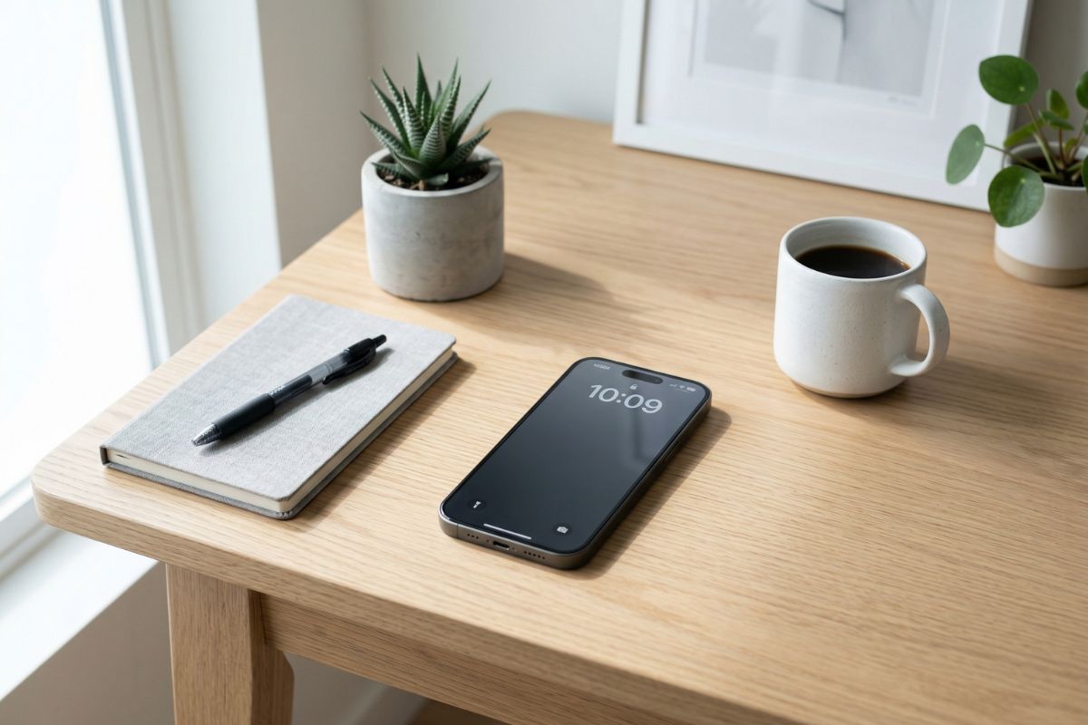 A modern smartphone on a minimal desk setup, soft shadows, clean composition, product photography style