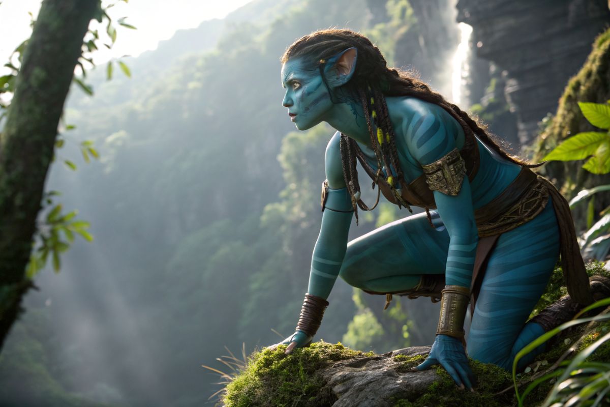 A Na'vi-inspired female hunter OC, deep teal skin with faint glowing patterns, tribal leather armor with shell decorations, braided hair with feathers, crouching on a mossy cliff overlooking Pandora jungle, cinematic lighting, ultra-detailed, original facial features, distinct from any movie characters